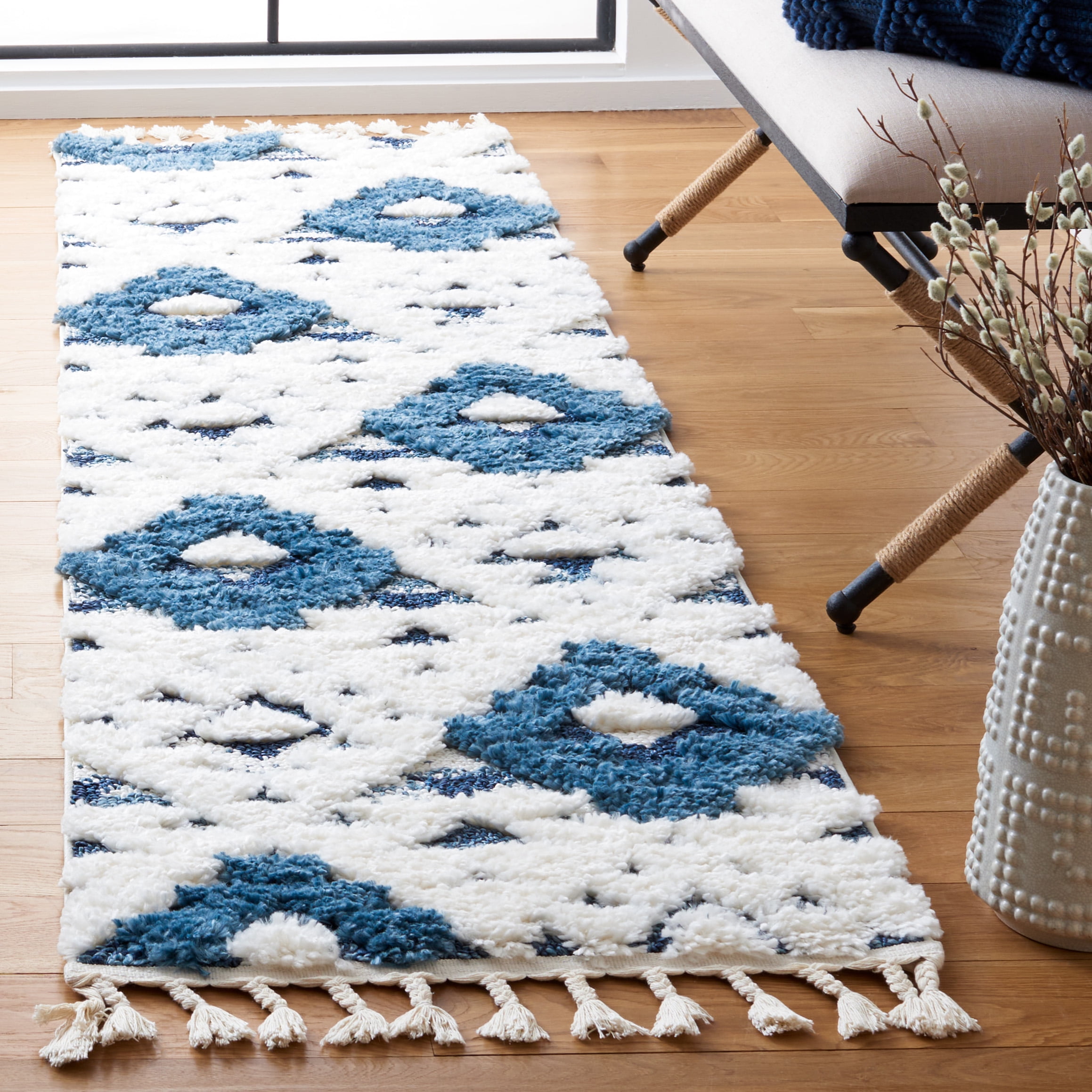 Safavieh Moroccan Tassel Larry Geometric Shag Runner Rug, Blue/Ivory, 2'3" x 14'