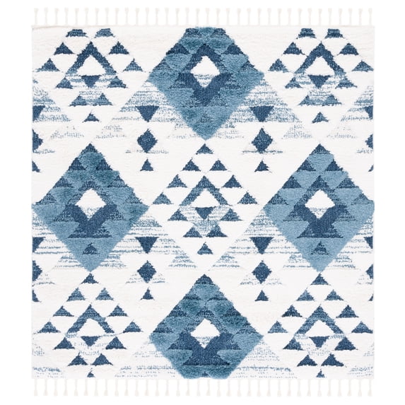 SAFAVIEH Moroccan Tassel Larry Geometric Shag Area Rug, Blue/Ivory, 3' x 3' Square