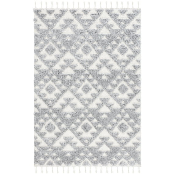 SAFAVIEH Moroccan Tassel Larry Geometric Shag Area Rug, Gray/Ivory, 4' x 6'