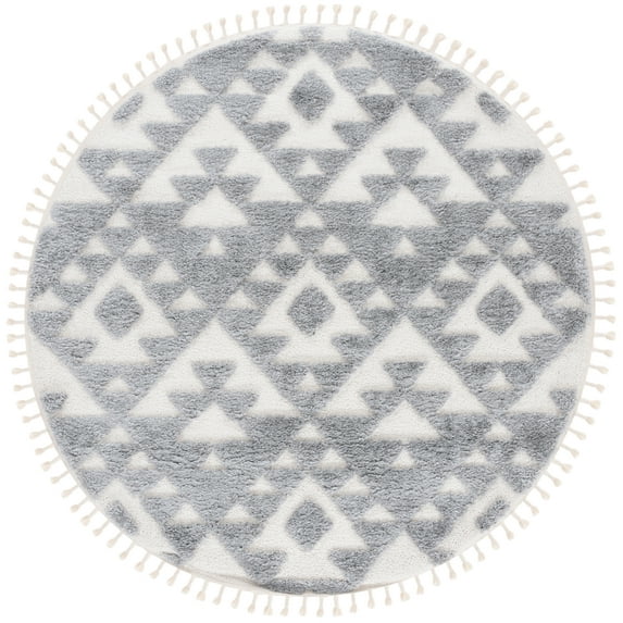 SAFAVIEH Moroccan Tassel Larry Geometric Shag Area Rug, Gray/Ivory, 6'7" x 6'7" Round