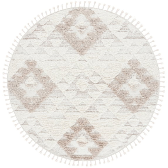 SAFAVIEH Moroccan Tassel Larry Geometric Shag Area Rug, Ivory/Beige, 6'7" x 6'7" Round