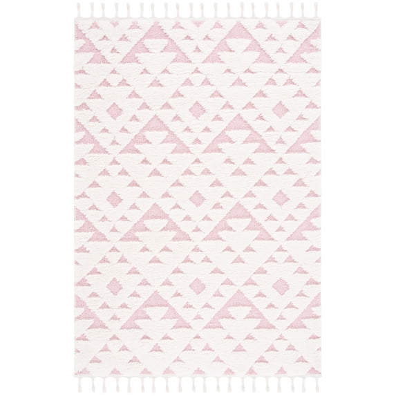 SAFAVIEH Moroccan Tassel Larry Geometric Shag Area Rug, Ivory/Pink, 4' x 6'