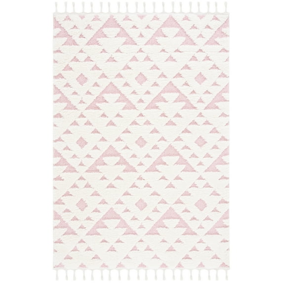 SAFAVIEH Moroccan Tassel Larry Geometric Shag Area Rug, Ivory/Pink, 6'7" x 9'2"