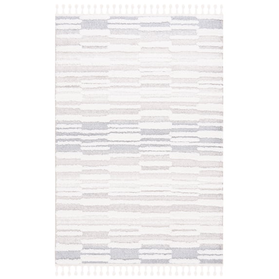 SAFAVIEH Moroccan Tassel Tom Geometric Striped Shag Area Rug, Beige/Ivory, 5'3" x 7'6"