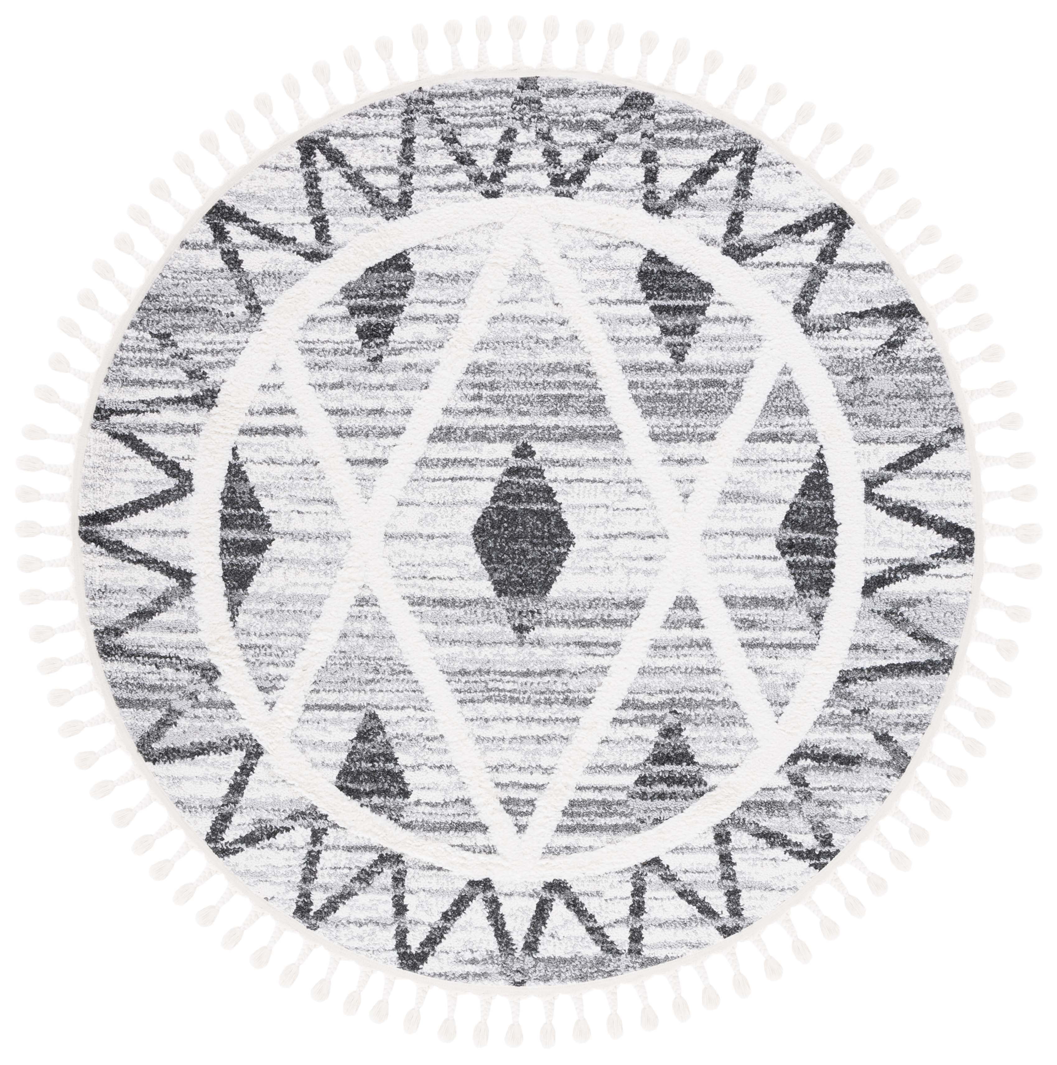 Gray and Ivory Round Braided Diamond Shag Area Rug