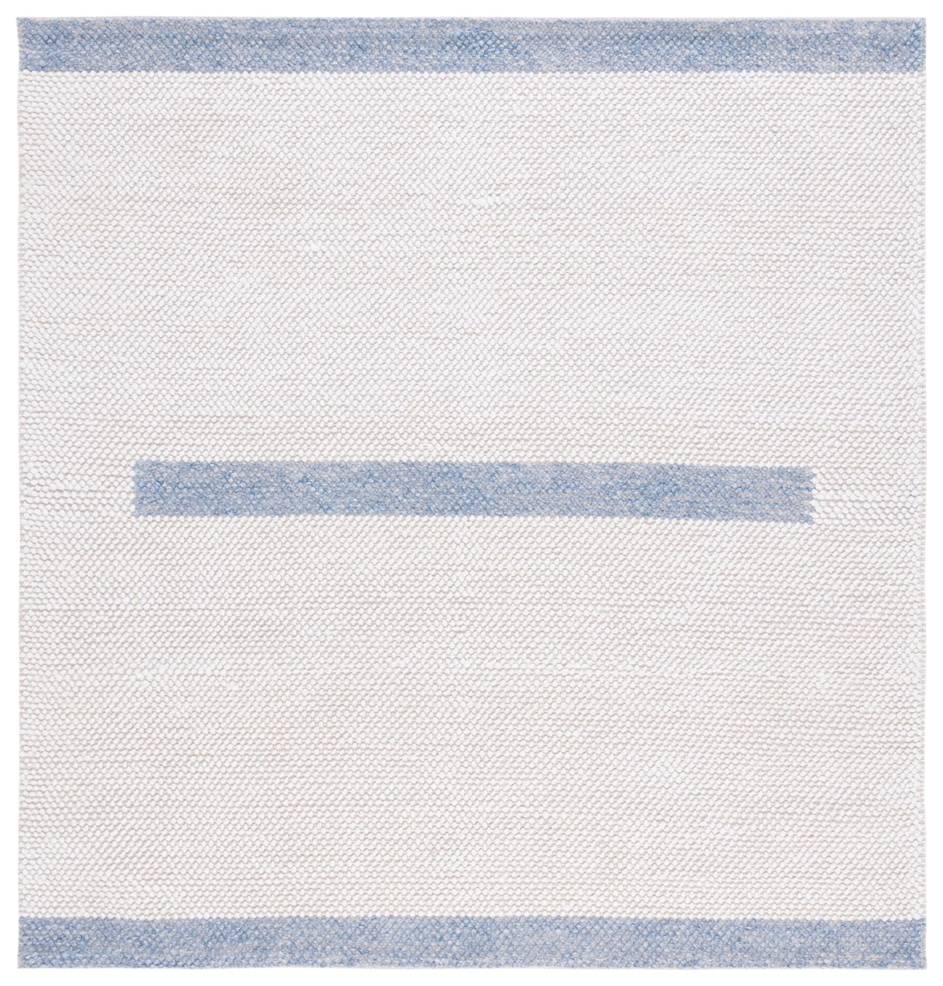 Ivory and Blue Striped Square Wool Area Rug, 6' x 6'