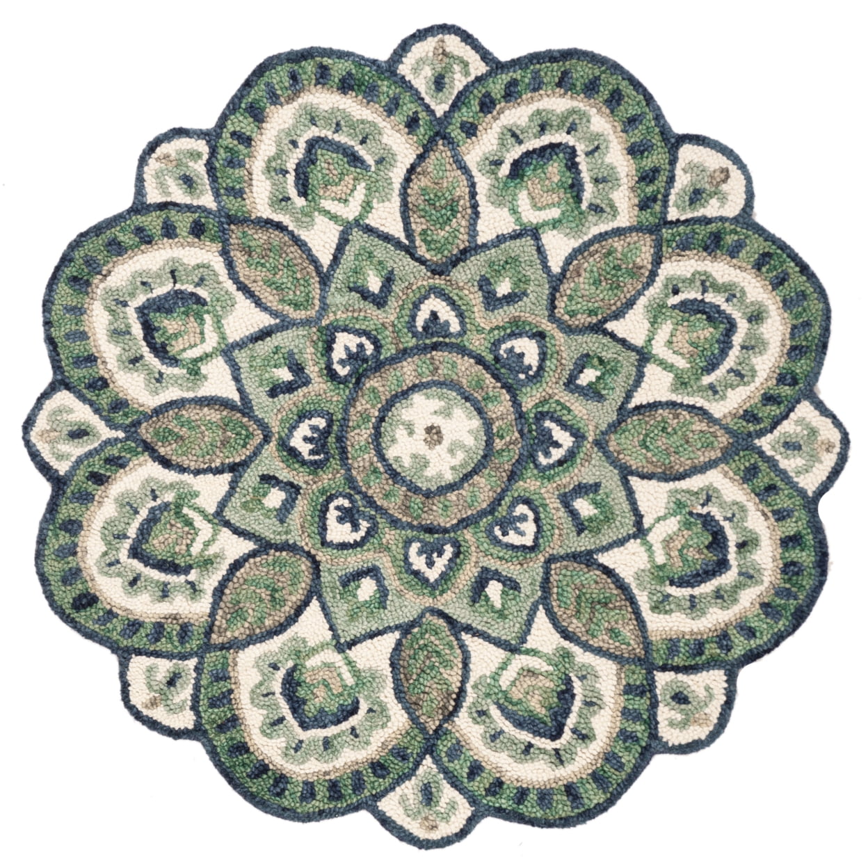 Handmade Ivory and Green Wool Round Tufted Area Rug