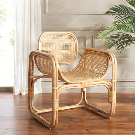 Safavieh Nadie Coastal Wood and Rattan Dining Arm Chairs, Natural