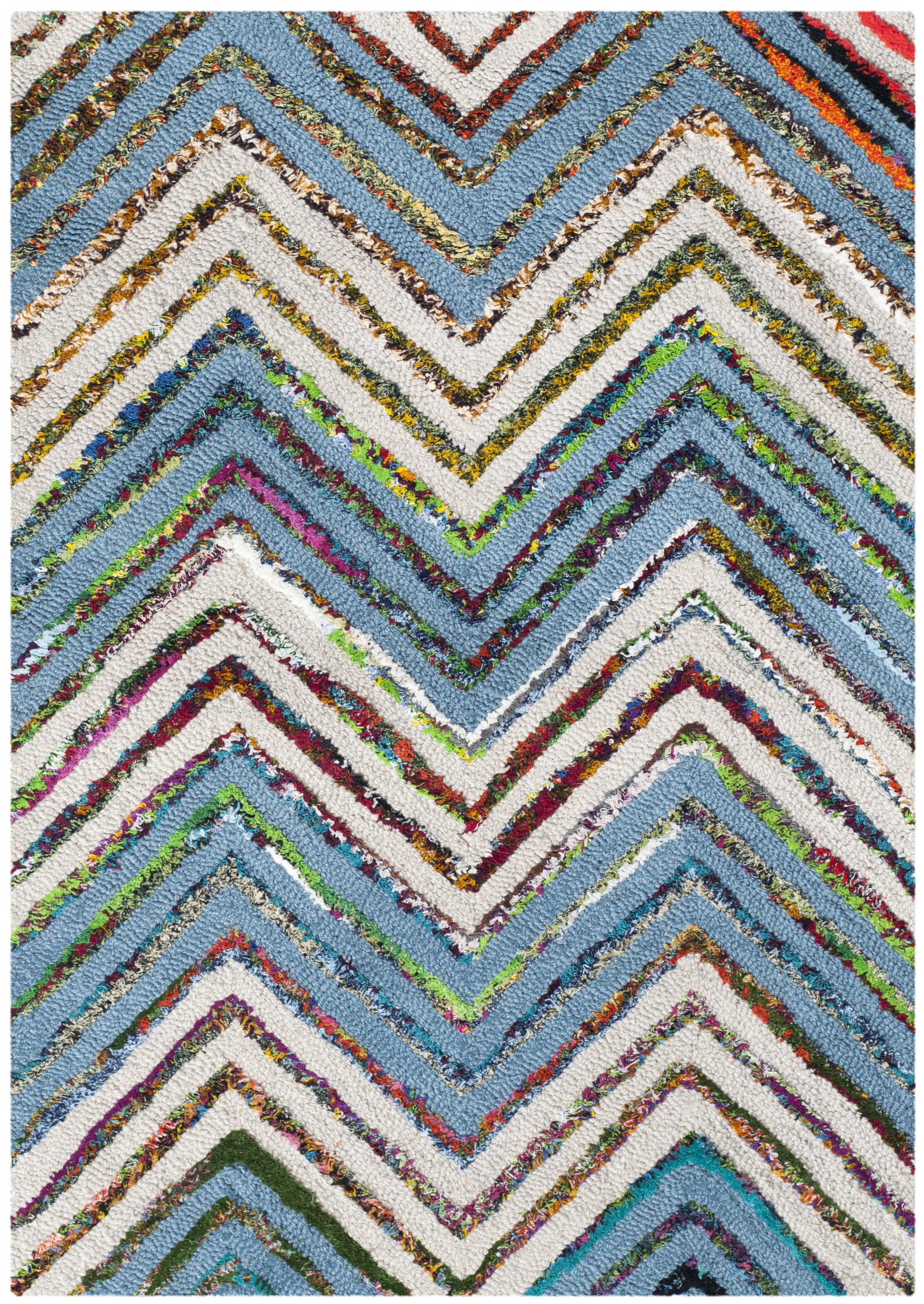 Beige and Blue Hand-Tufted Wool Chevron Area Rug