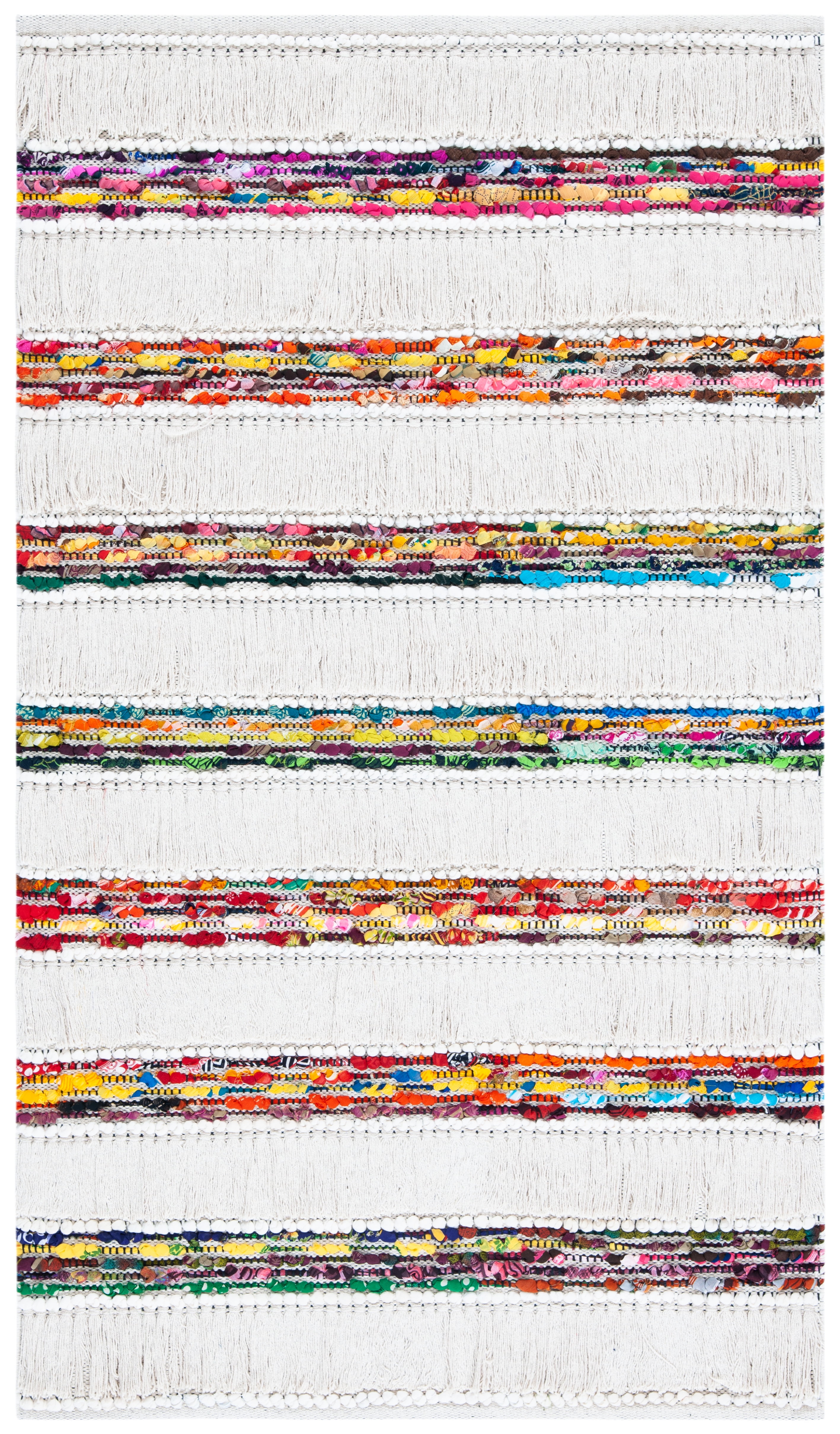 Ivory and Multicolor Striped Handwoven Wool Area Rug, 3' x 5'