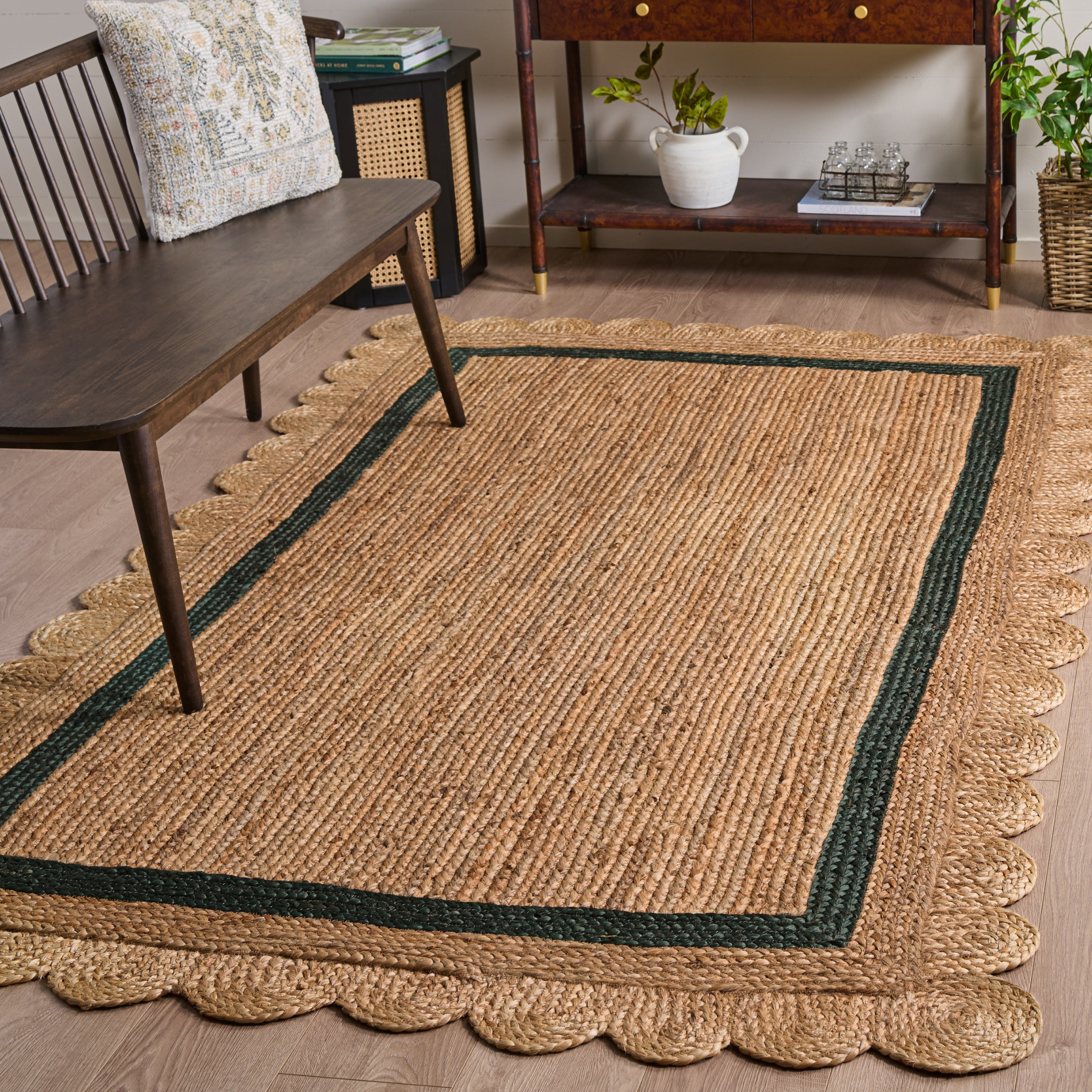 Safavieh Natural Fiber Archibald Bordered Area Rug, Natural/Dark Green, 6' x 6' Square