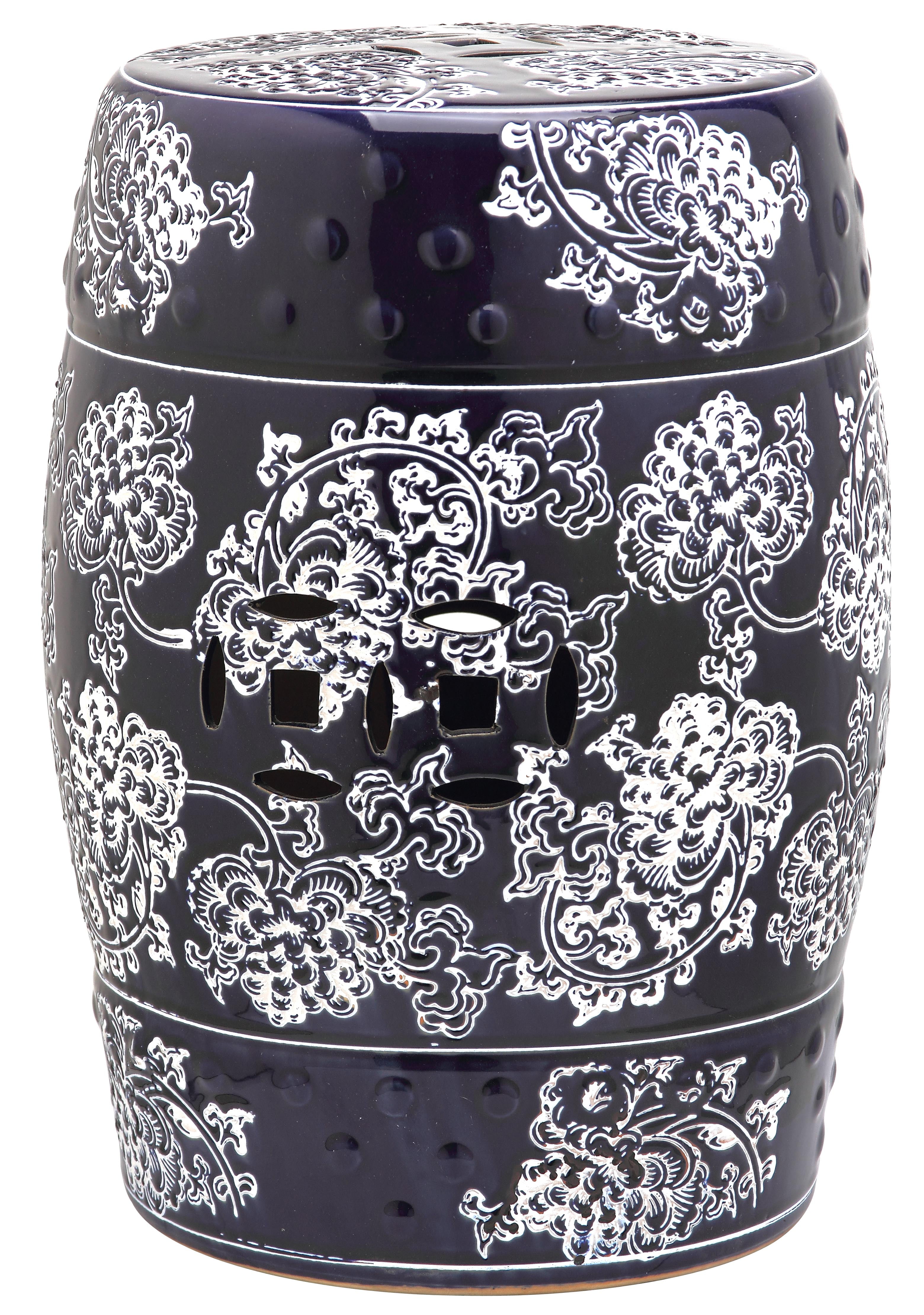 Contemporary Midnight Flower 13" Ceramic Garden Stool in Navy & White