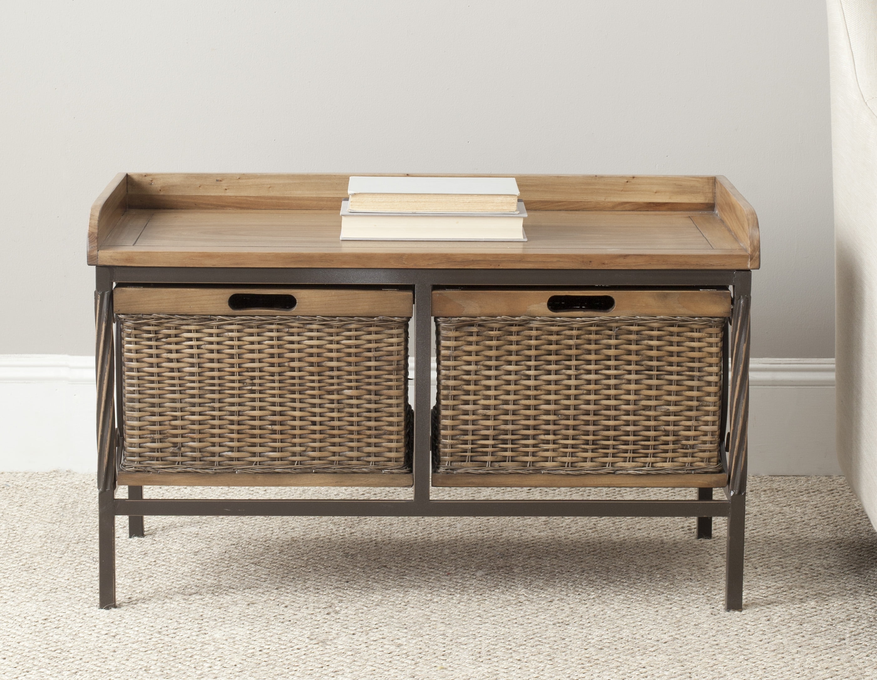 Noah Rustic Oak and Wicker Storage Bench with Drawers