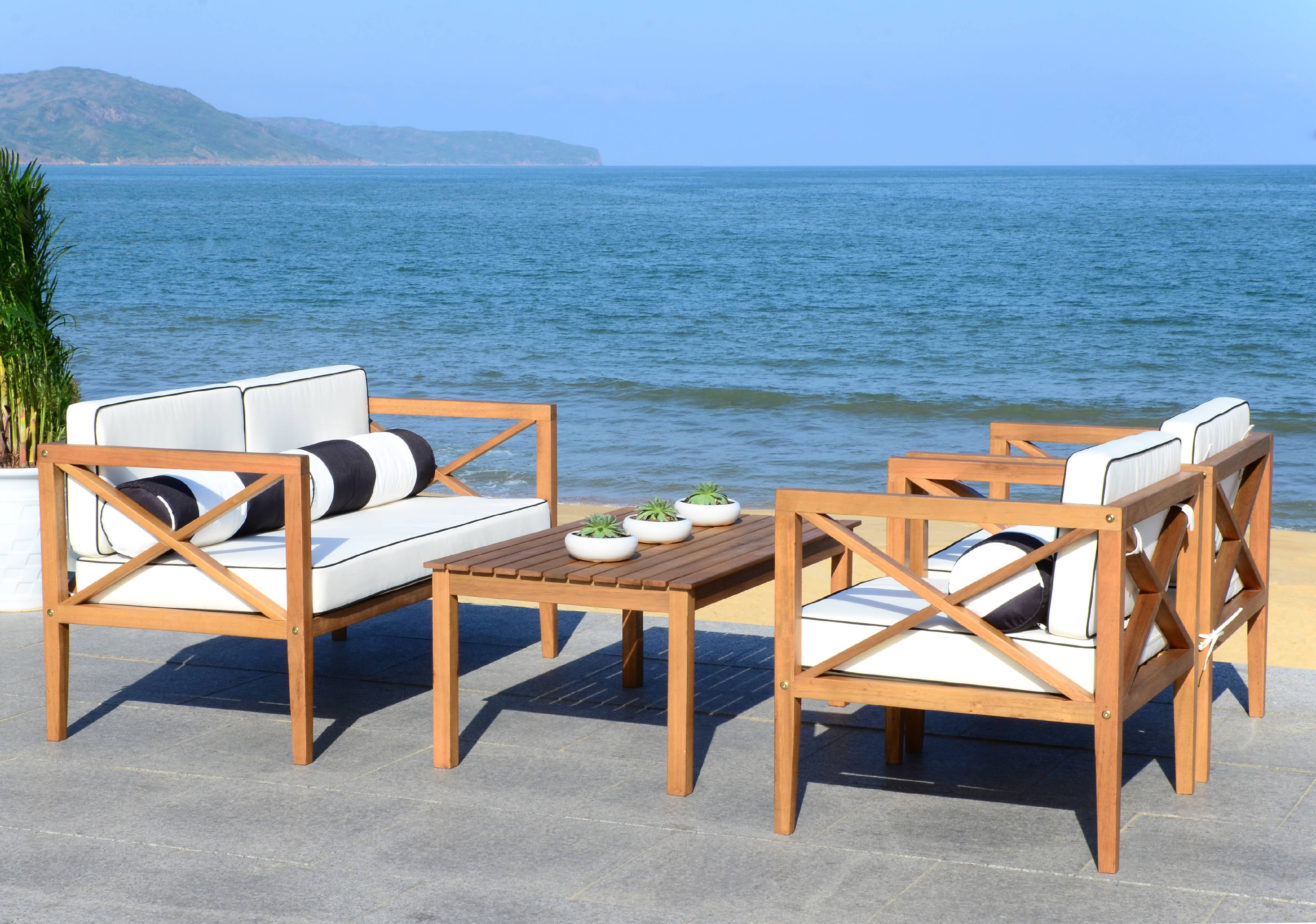 Nunzio Natural Teak Wood 4-Piece Outdoor Set with White Cushions