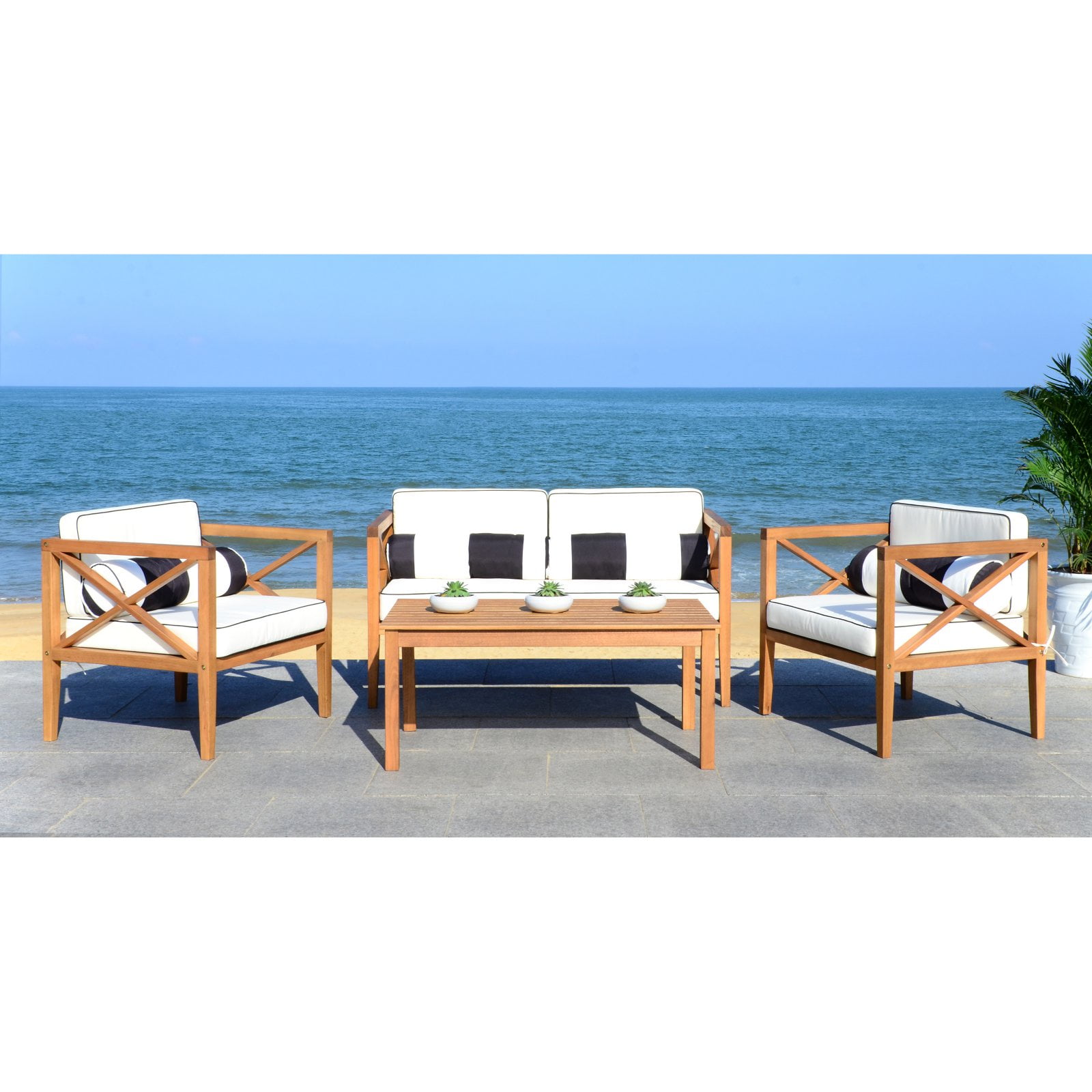 Transitional Eucalyptus 6-Person Patio Conversation Set with Accent Pillows