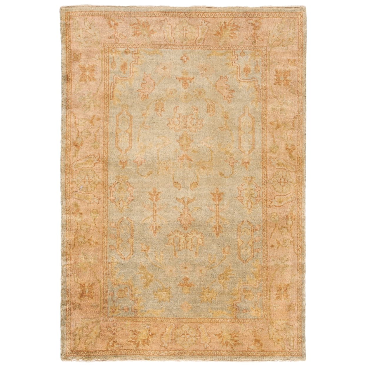 Hand-Knotted Soft Green and Rust Wool Area Rug 4' x 6'