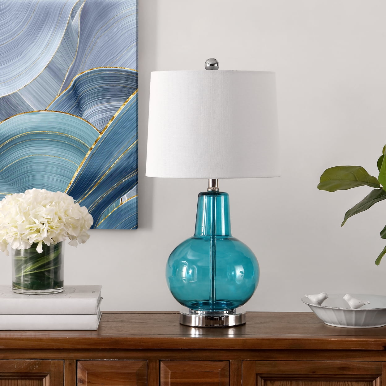 Olinda White and Blue Ceramic Table Lamp with Floral Design