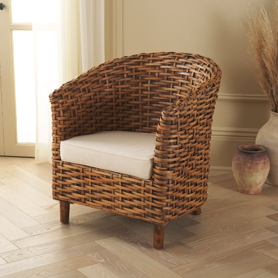 Safavieh Omni Coastal Rattan and Wood Dining Arm Chairs, White/Honey Dark Brown