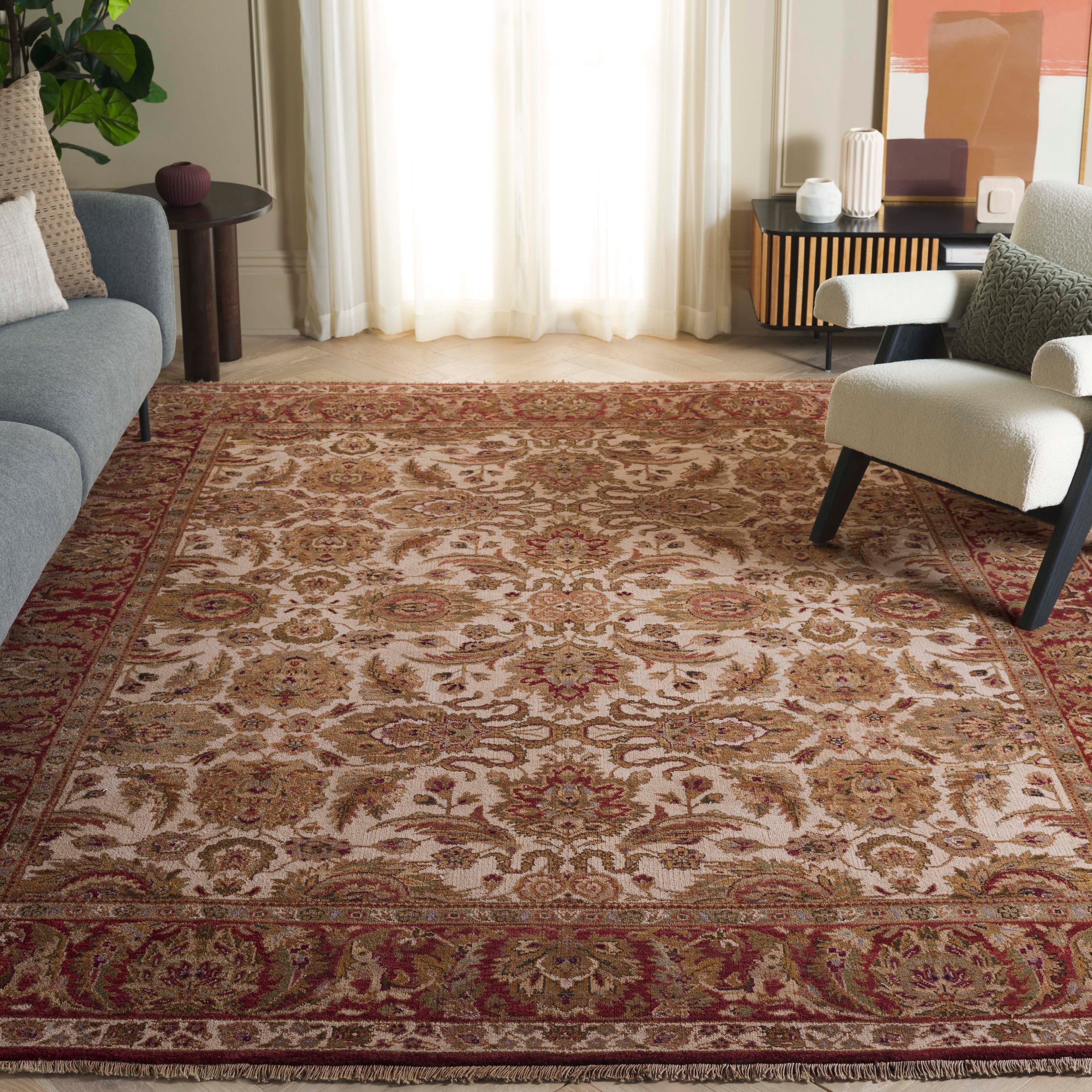 Ivory and Rust Hand-Knotted Wool Area Rug 6' x 9'