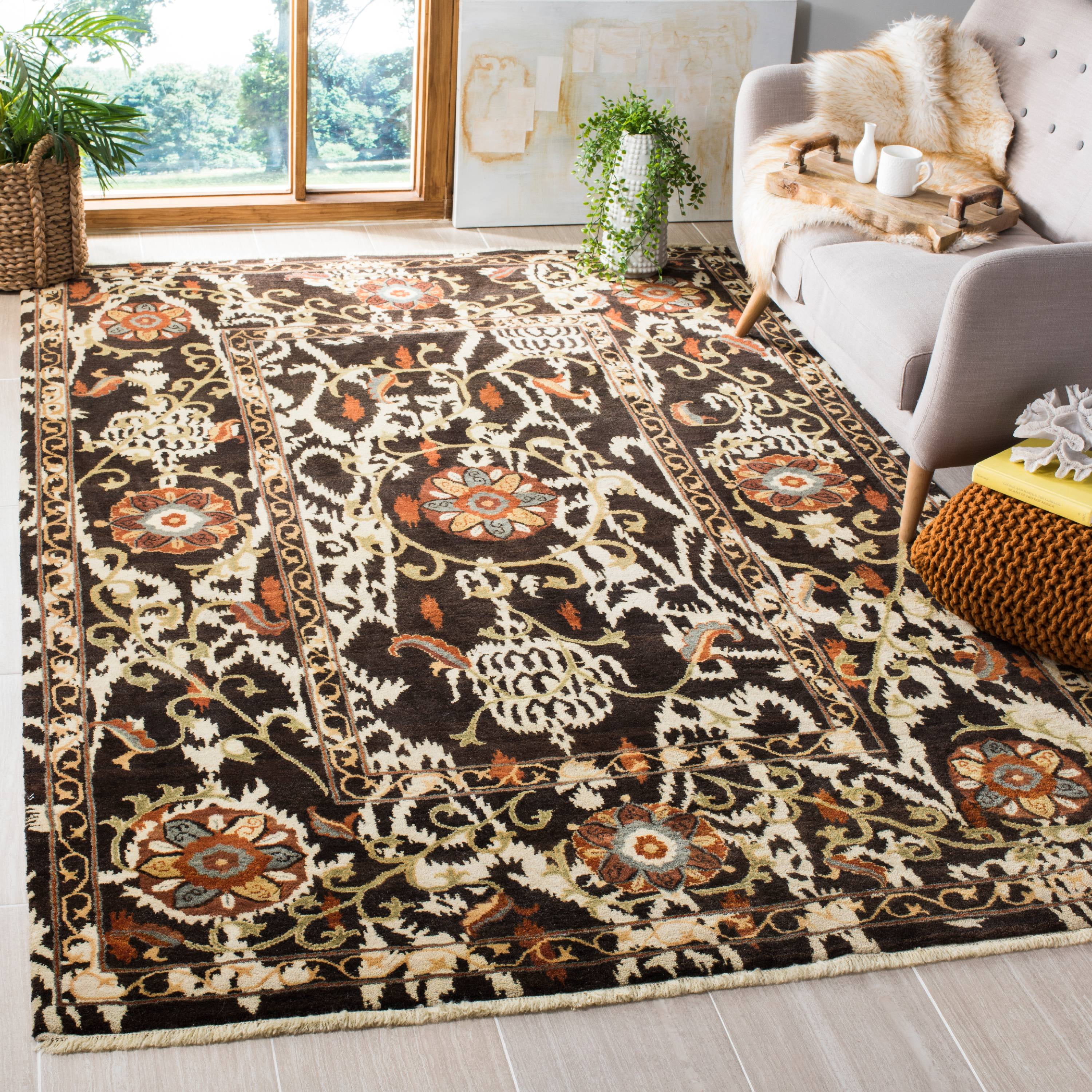 Hand-Knotted Dark Brown and Beige Wool 6' x 9' Area Rug