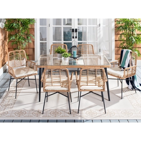 Safavieh Beson 7-Piece Rattan And Steel Outdoor Dining Table Set, Brown/White