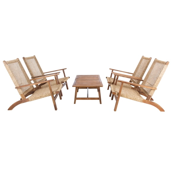 SAFAVIEH Deven 5-Piece Acacia Wood Outdoor Coffee Set, Natural/Light Brown