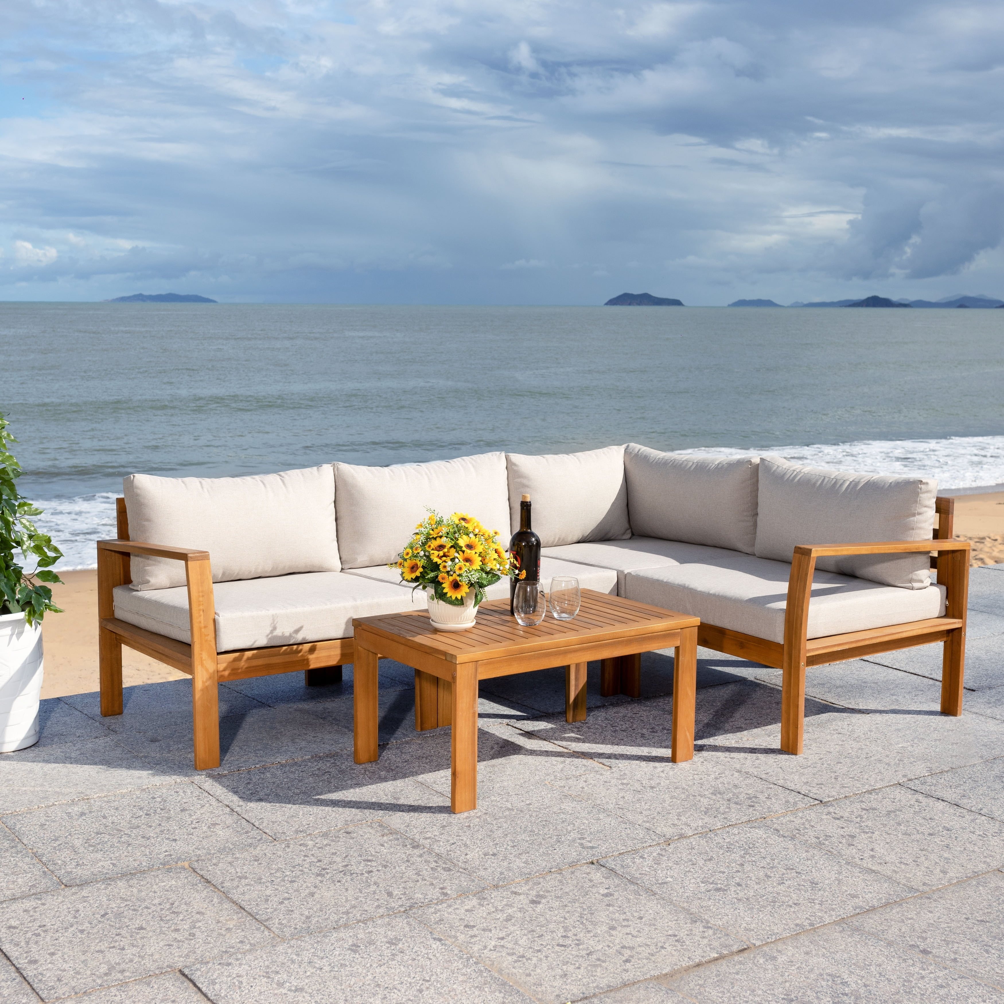 Endelia Natural Wood 4-Piece Patio Set with Light Gray Cushions