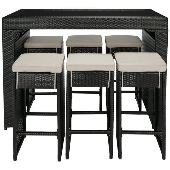SAFAVIEH Horus 7-Piece Wicker Outdoor Patio Dining Set, Black/Light Grey