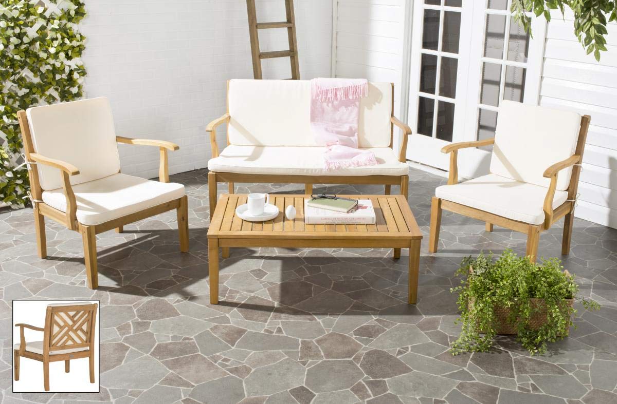 Safavieh Outdoor Living Collection Bradbury 4 Piece Outdoor Living Set Natural Beige Chair 25.6 x 24.8 x 31.9 Bench 48.4 x 24.8 C25