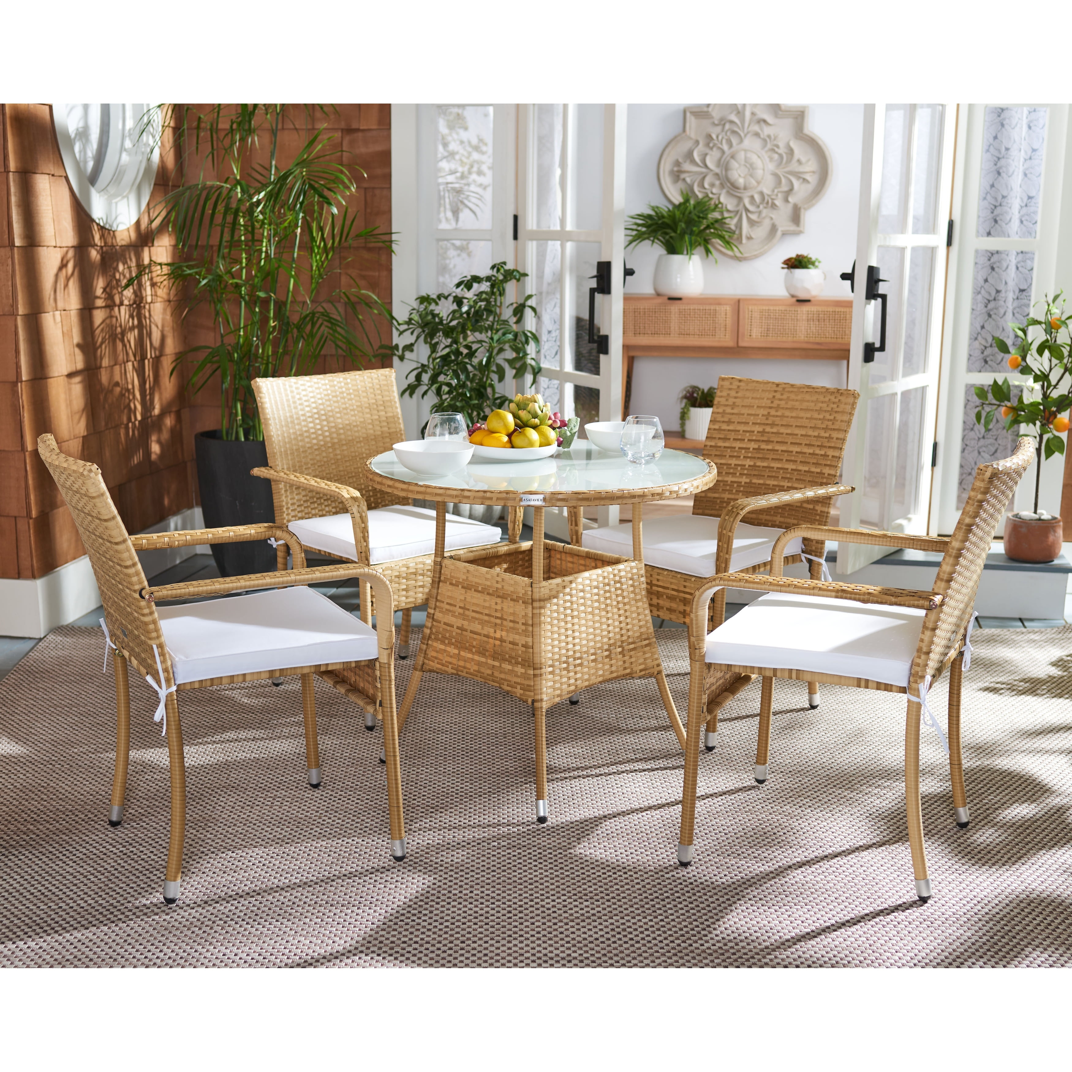 Natural Wicker 5 Piece Bistro Dining Set with Cushions