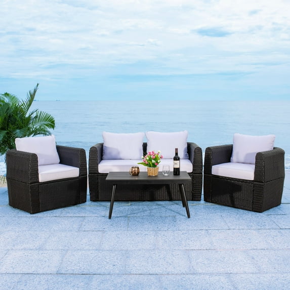 Safavieh Outdoor Living Tarien Wicker 4-Piece Living Patio Set Black/White Cushion