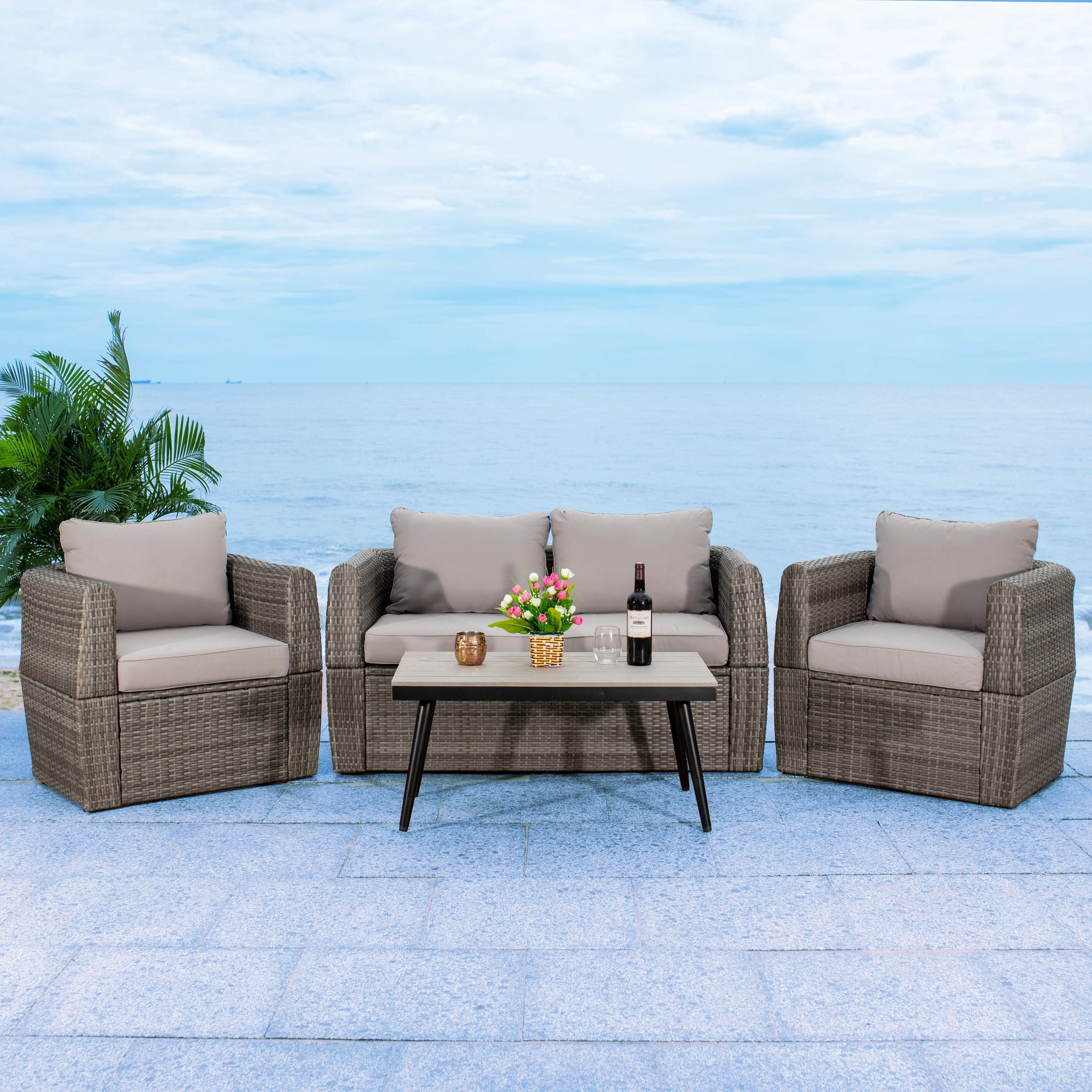 Vellor Gray Wicker 4-Piece Outdoor Patio Set with Cushions