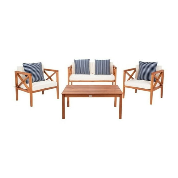 Safavieh  Outdoor Montez 4-Piece Conversation Patio Set with Accent Pillows Natural/Beige/NavyWhite