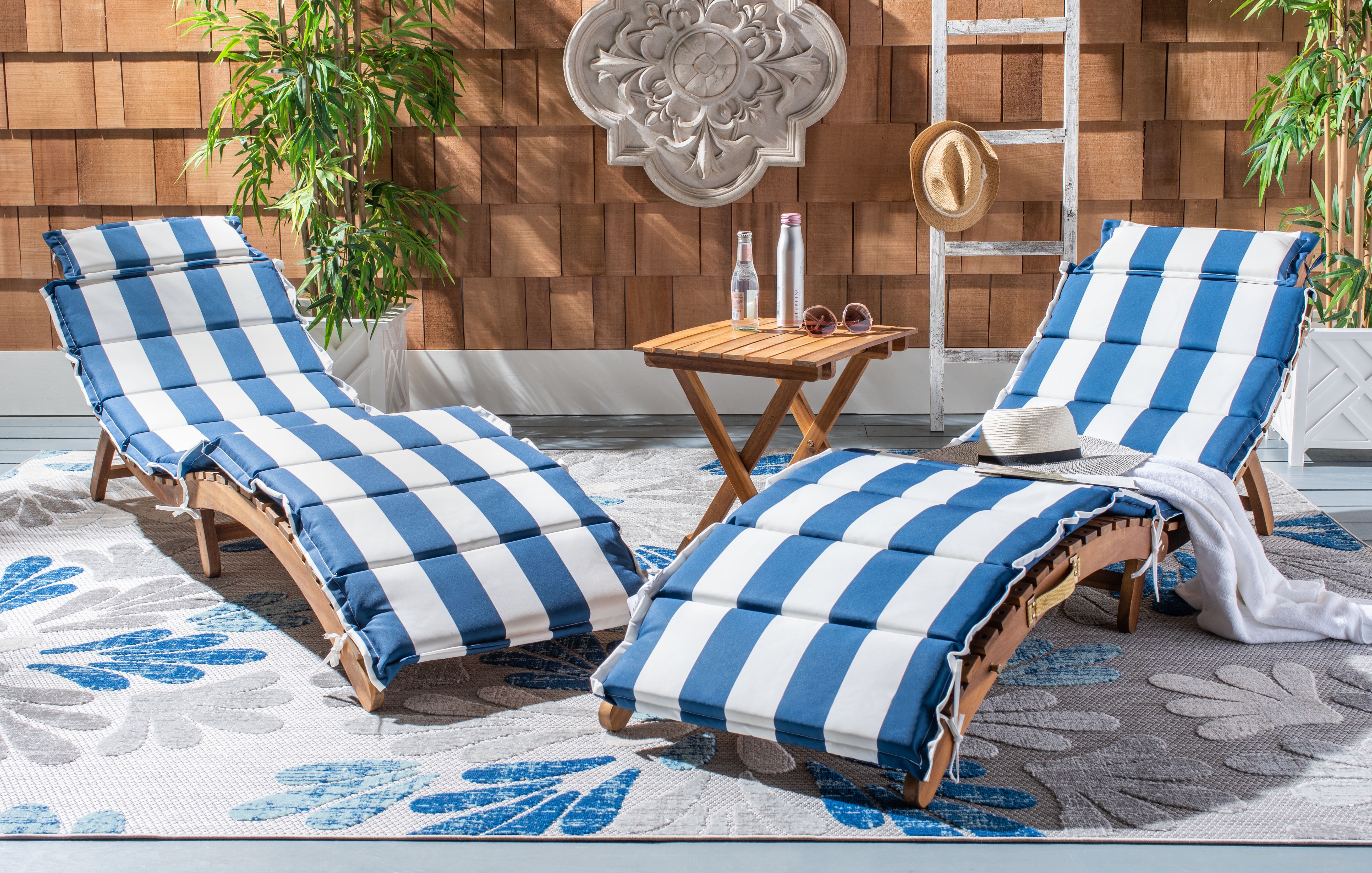 Safavieh Pacifica Outdoor Patio 3 Pc Lounge Set Natural Navy Stripes