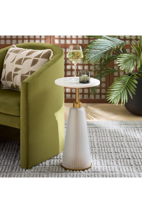 Paulon Glam Glass Round End Table, Cream / White