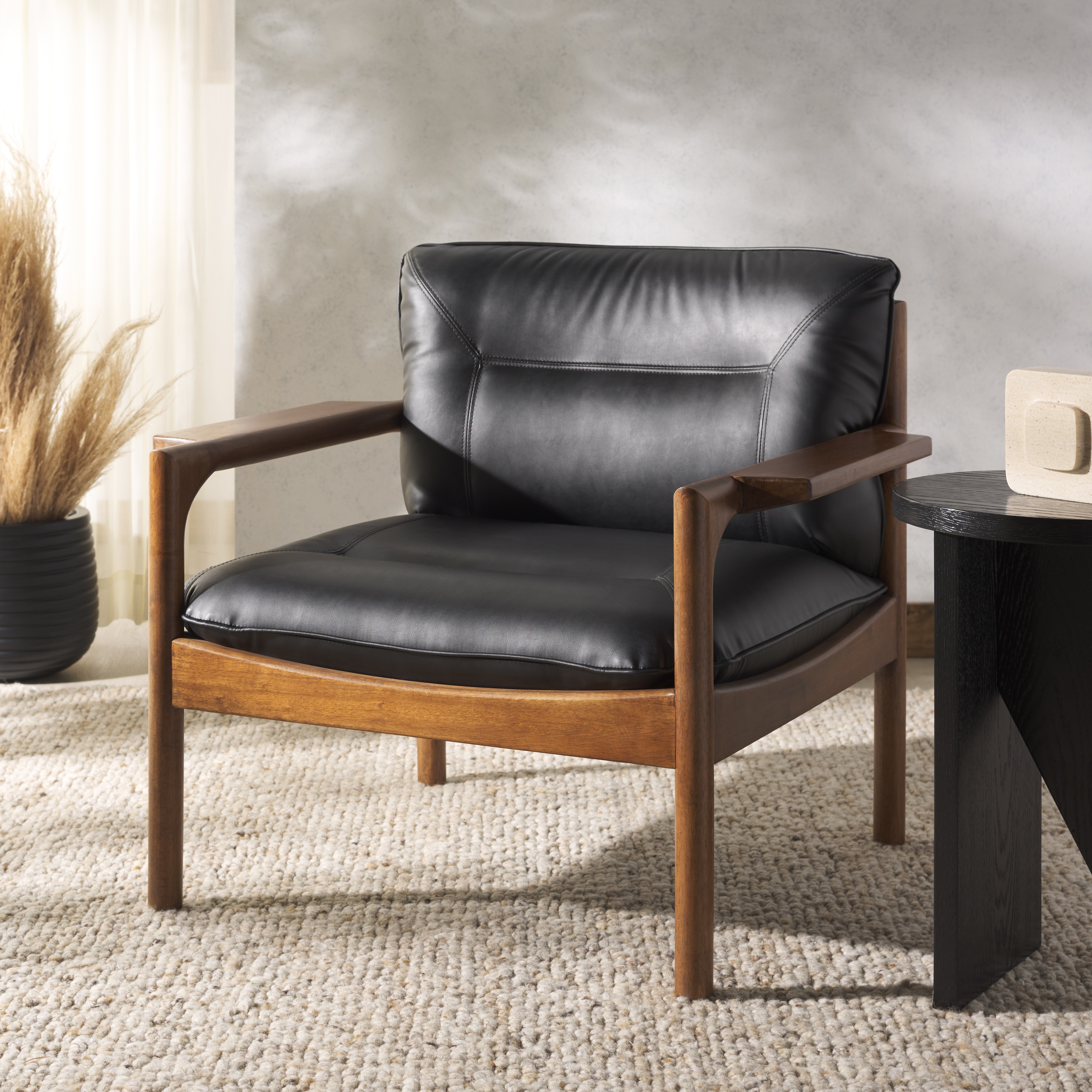 Safavieh Phylis Mid-Century Wood and Elastics Dining Arm Chairs, Black/Brown