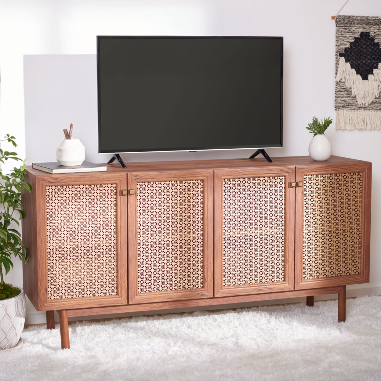 Walnut and Gold 63" Media Stand with Mesh Doors