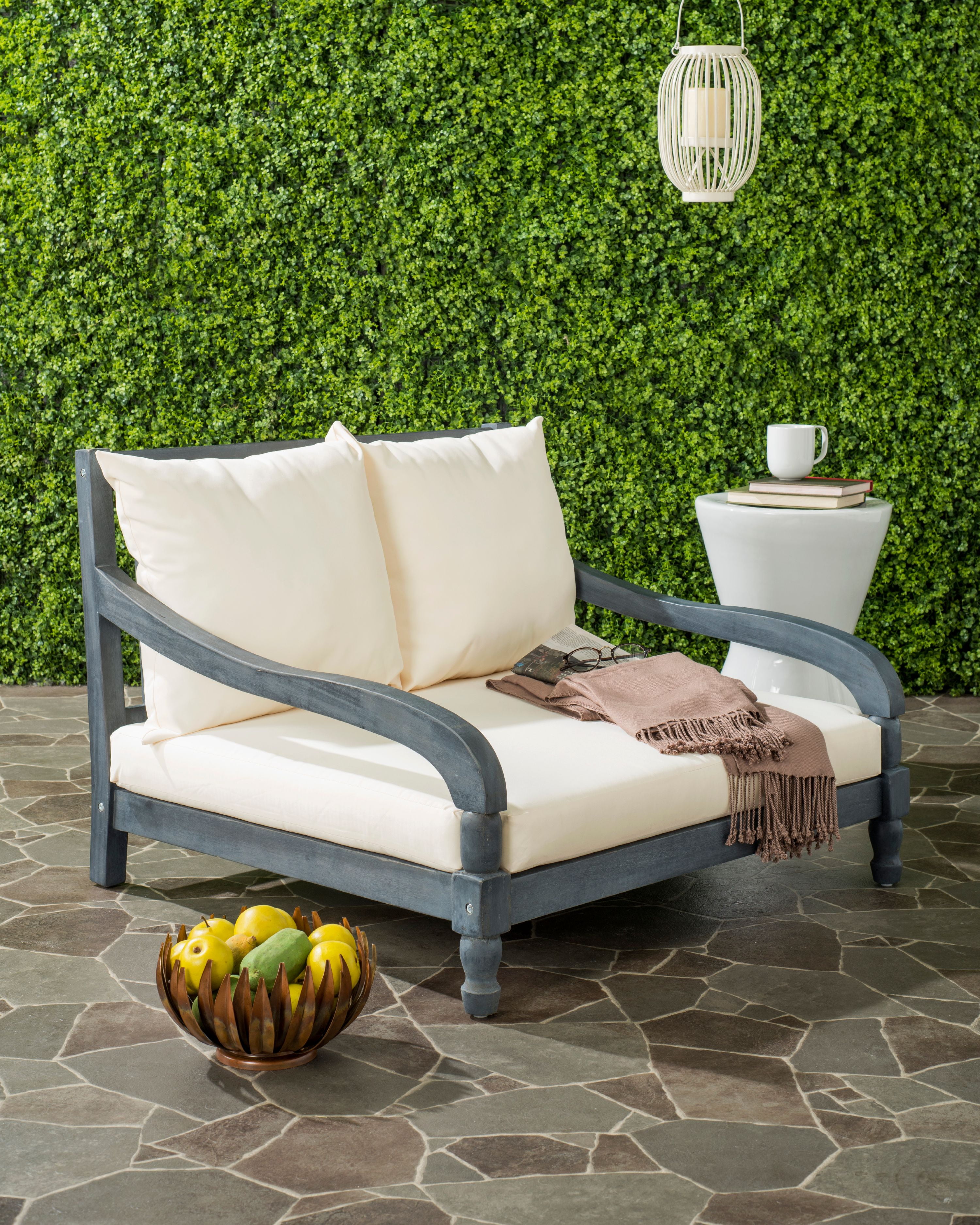 Ash Grey and Beige Acacia Wood Outdoor Lounger with Cushions
