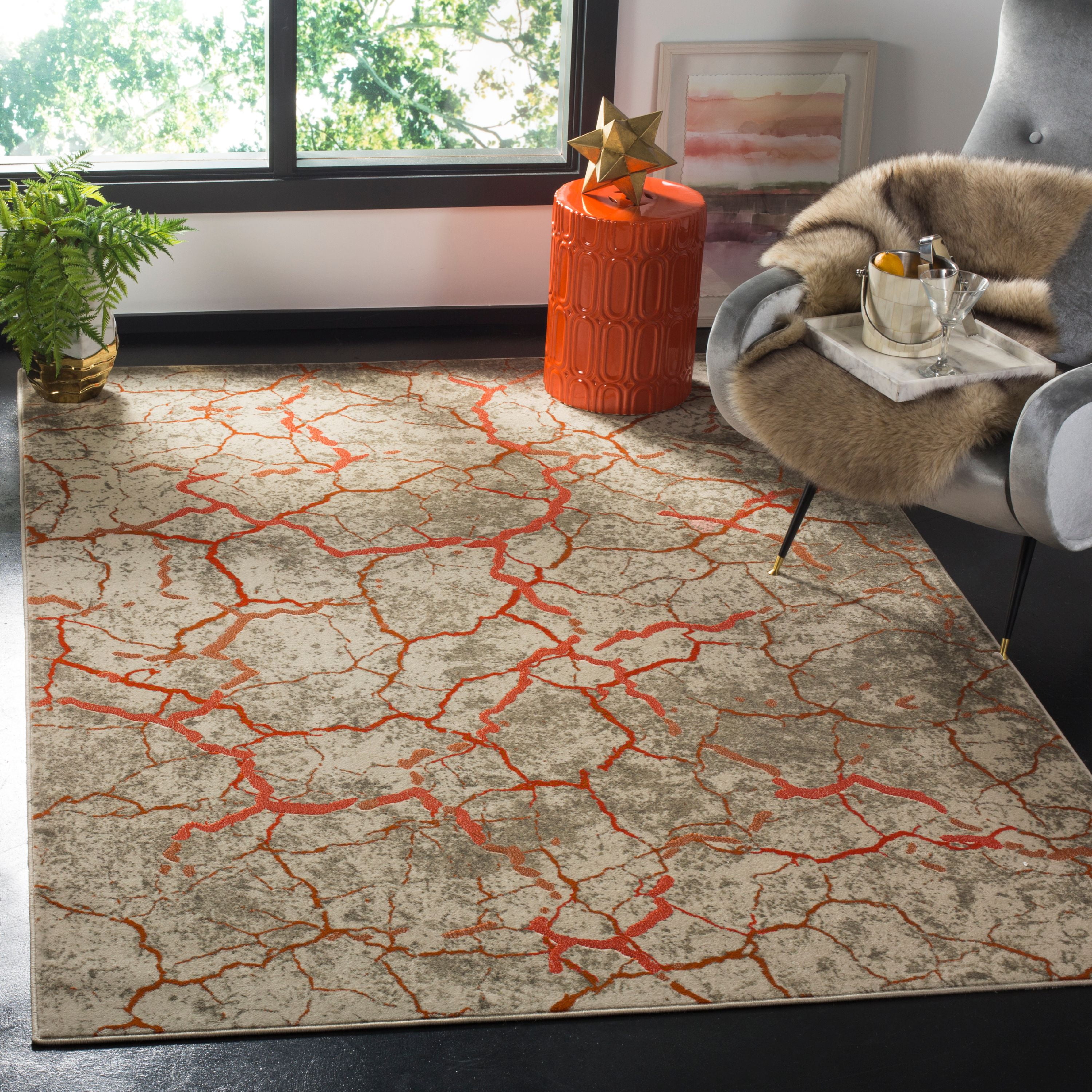 Gray and Orange 6' x 9' Floral Synthetic Area Rug