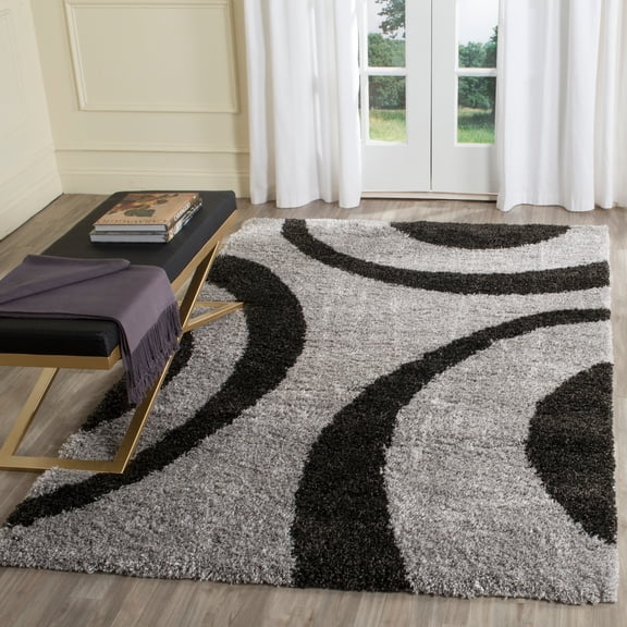SAFAVIEH Portofino Catrine Abstract Shag Area Rug, Grey/Black, 6'7" x 9'2"