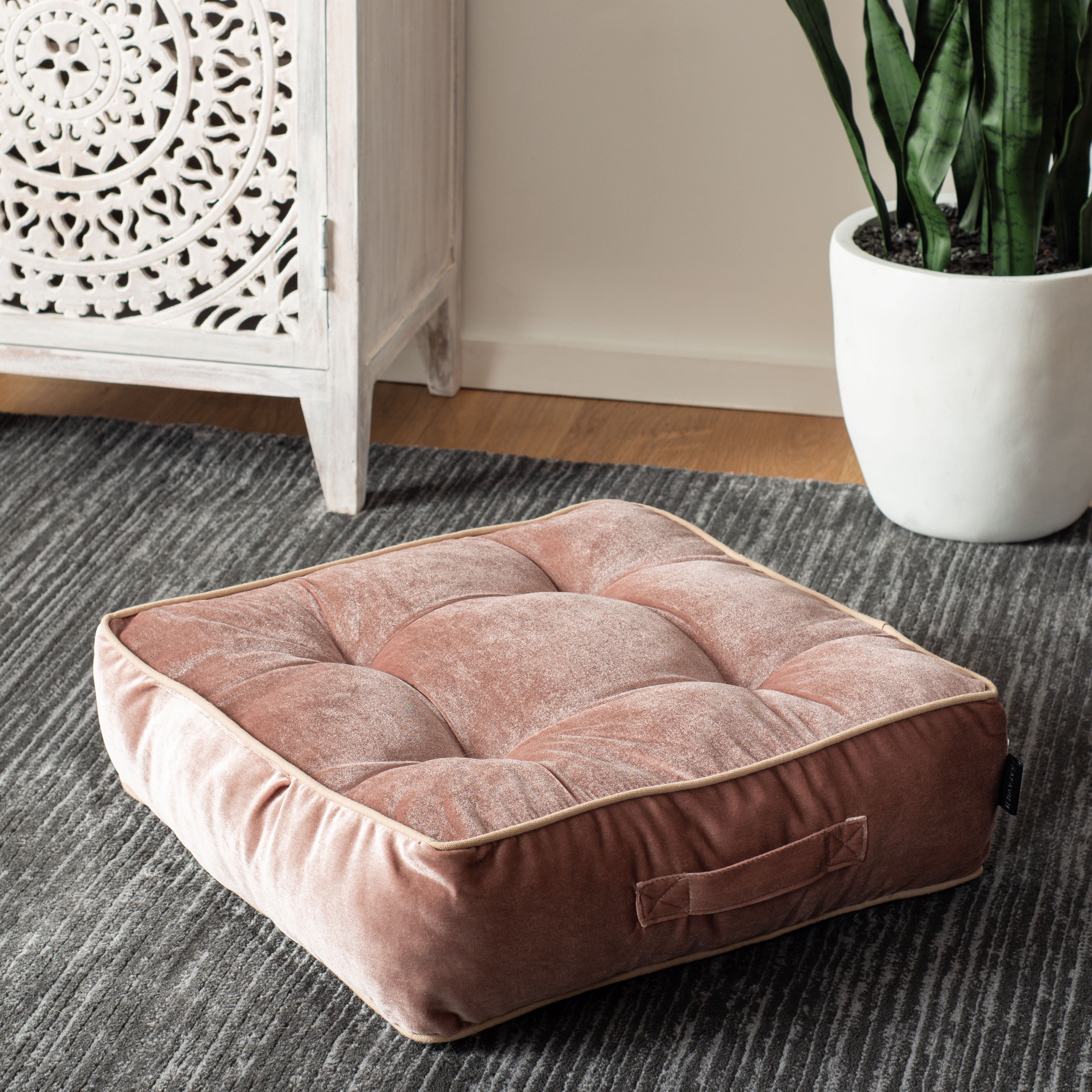 Primrose 18" Blush Pink Velvet Tufted Square Floor Pillow