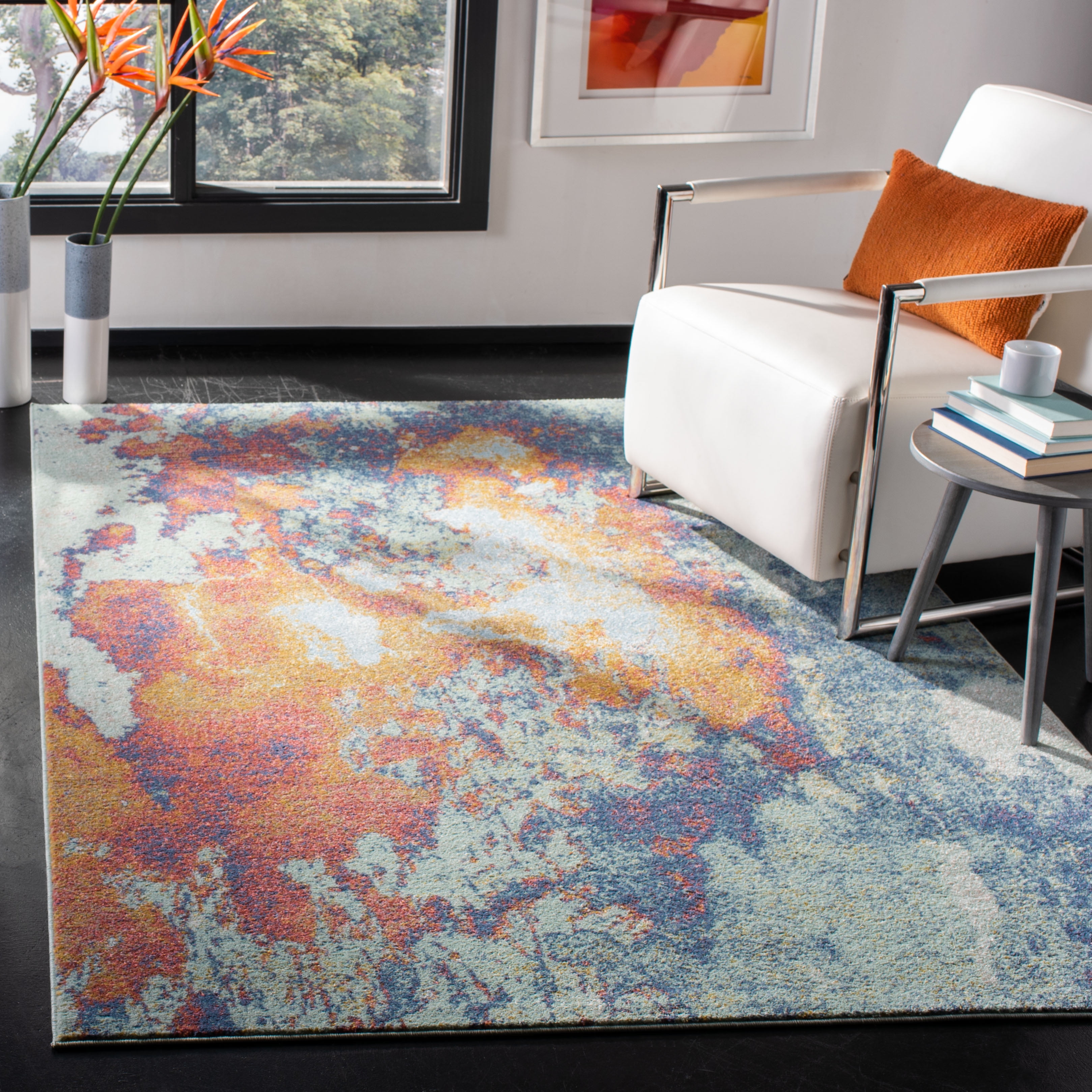 Prism Abstract Square Area Rug in Cream/Aqua - Easy Care Synthetic