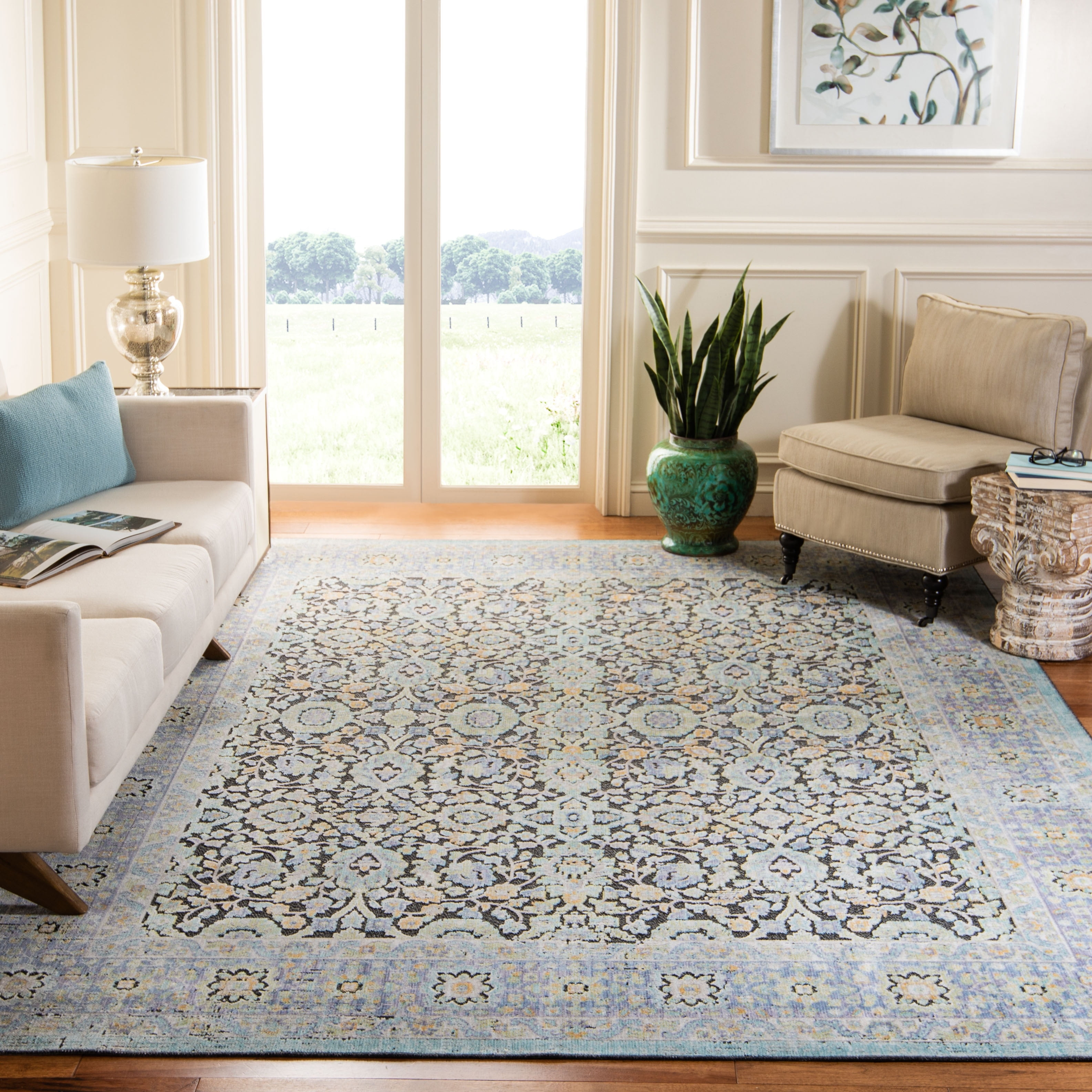 Blue and Green Floral Medallion Cotton Area Rug, 8' x 10'
