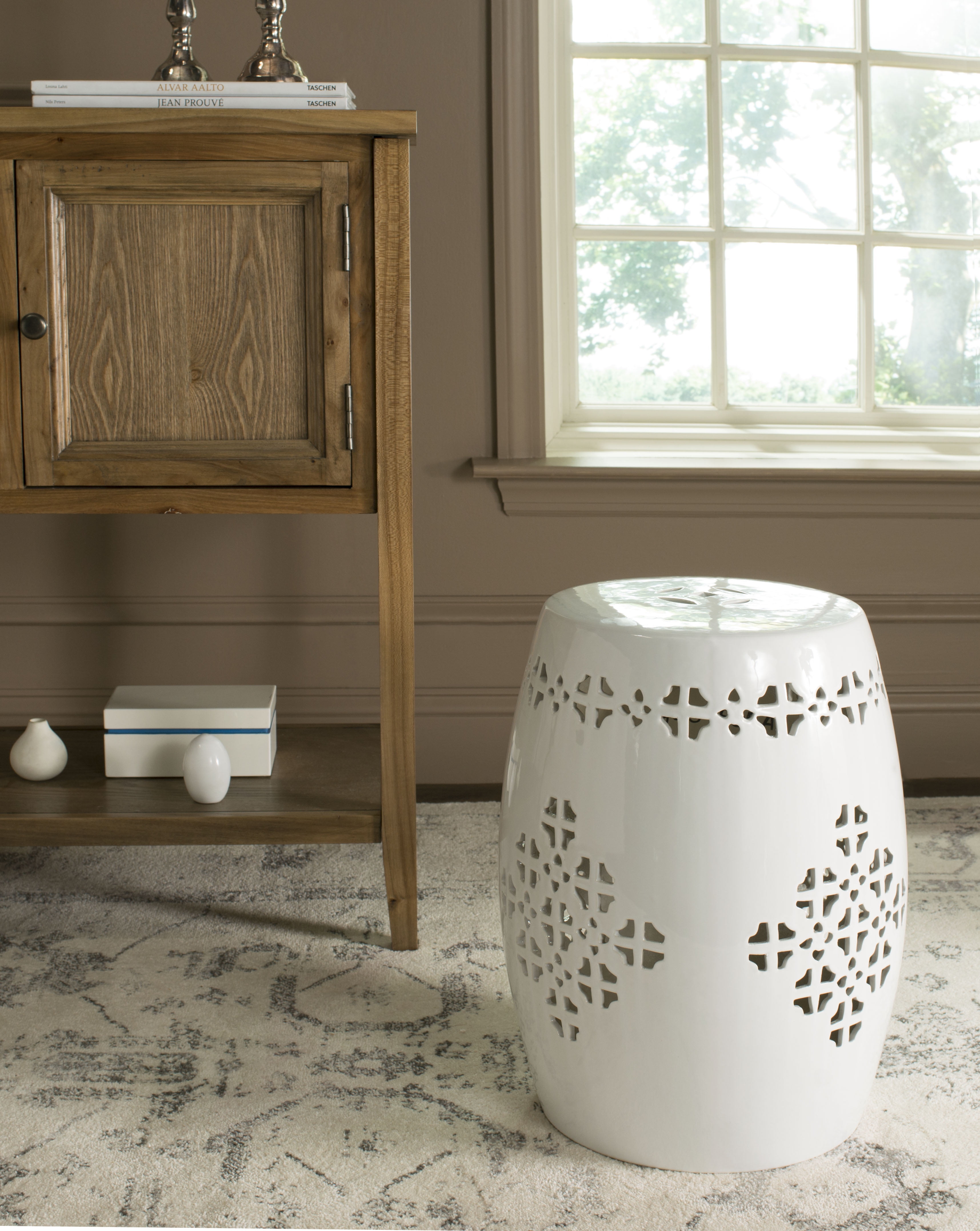 Antique White Ceramic Quatrefoil Drum Garden Stool