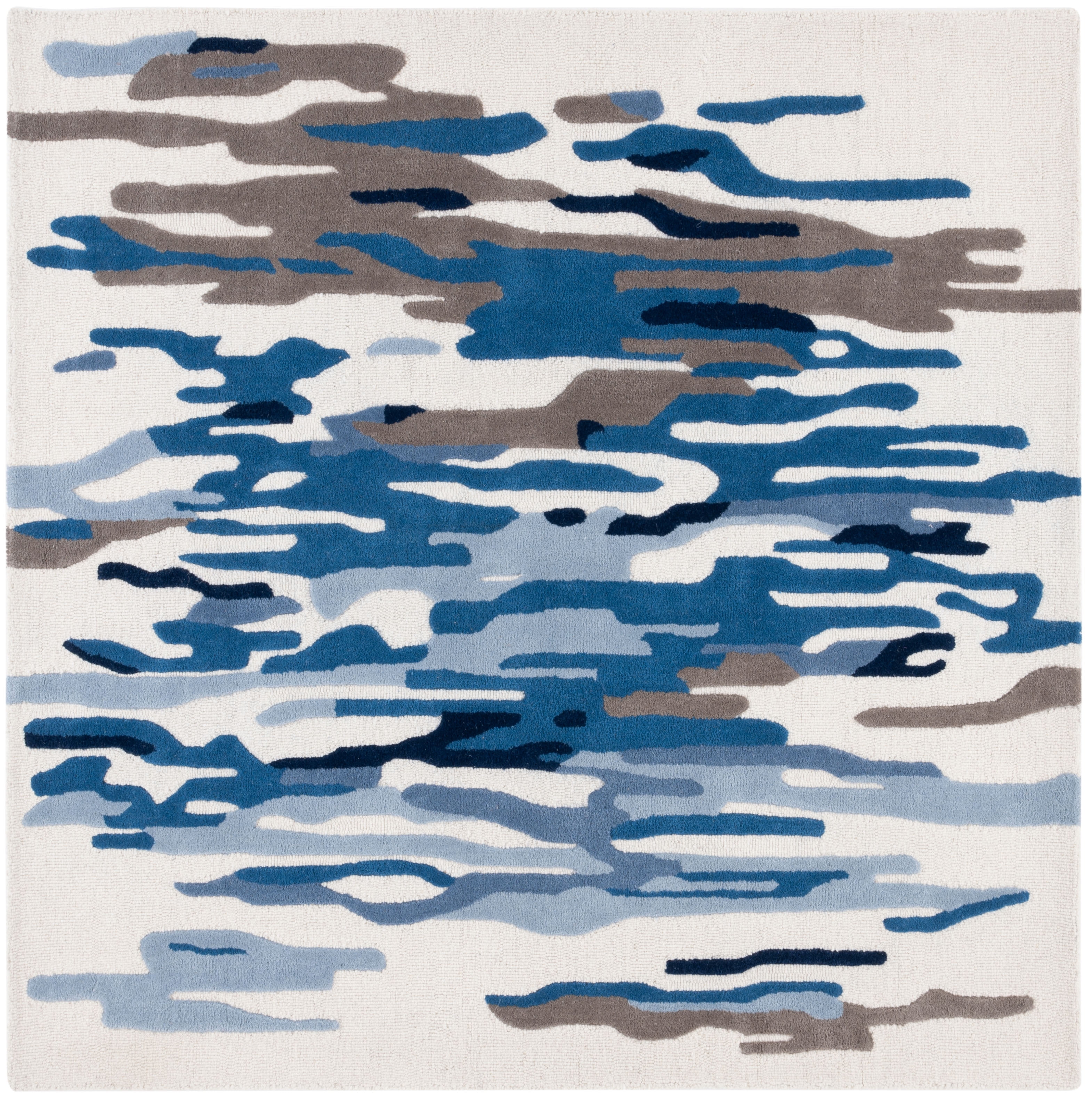 Ivory and Blue Hand-Tufted Wool Square Area Rug