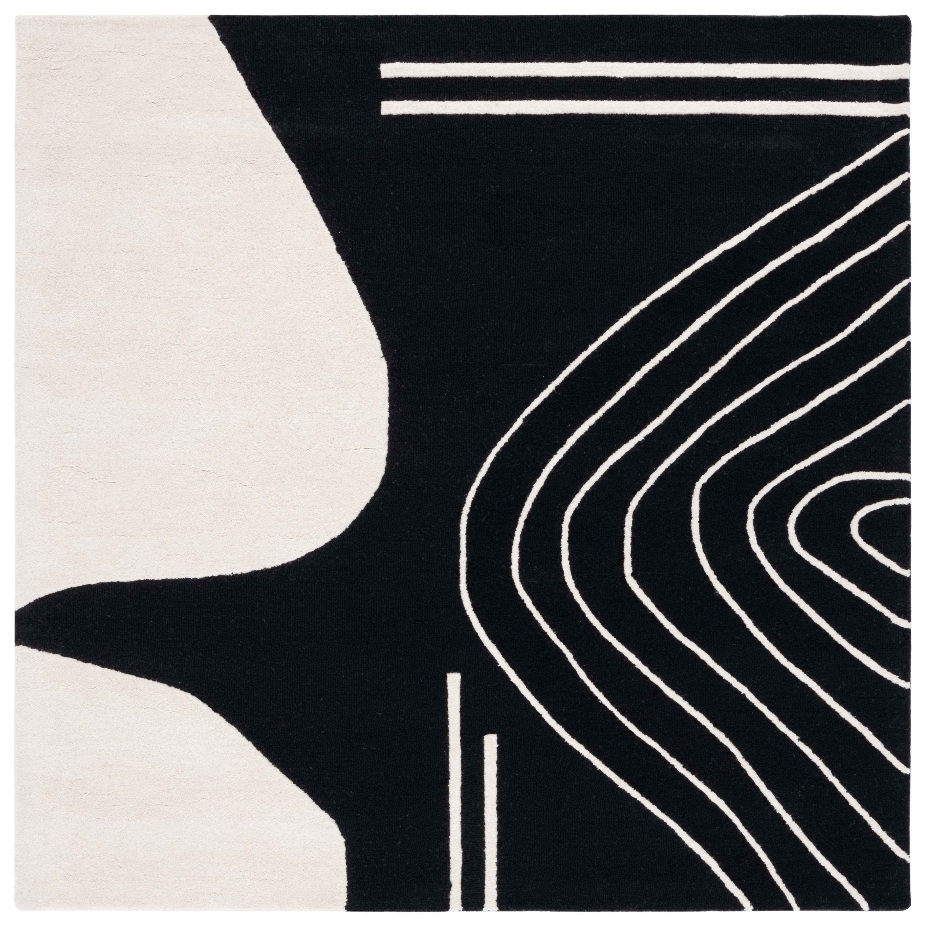 6' Square Black and Ivory Hand-Tufted Wool Area Rug