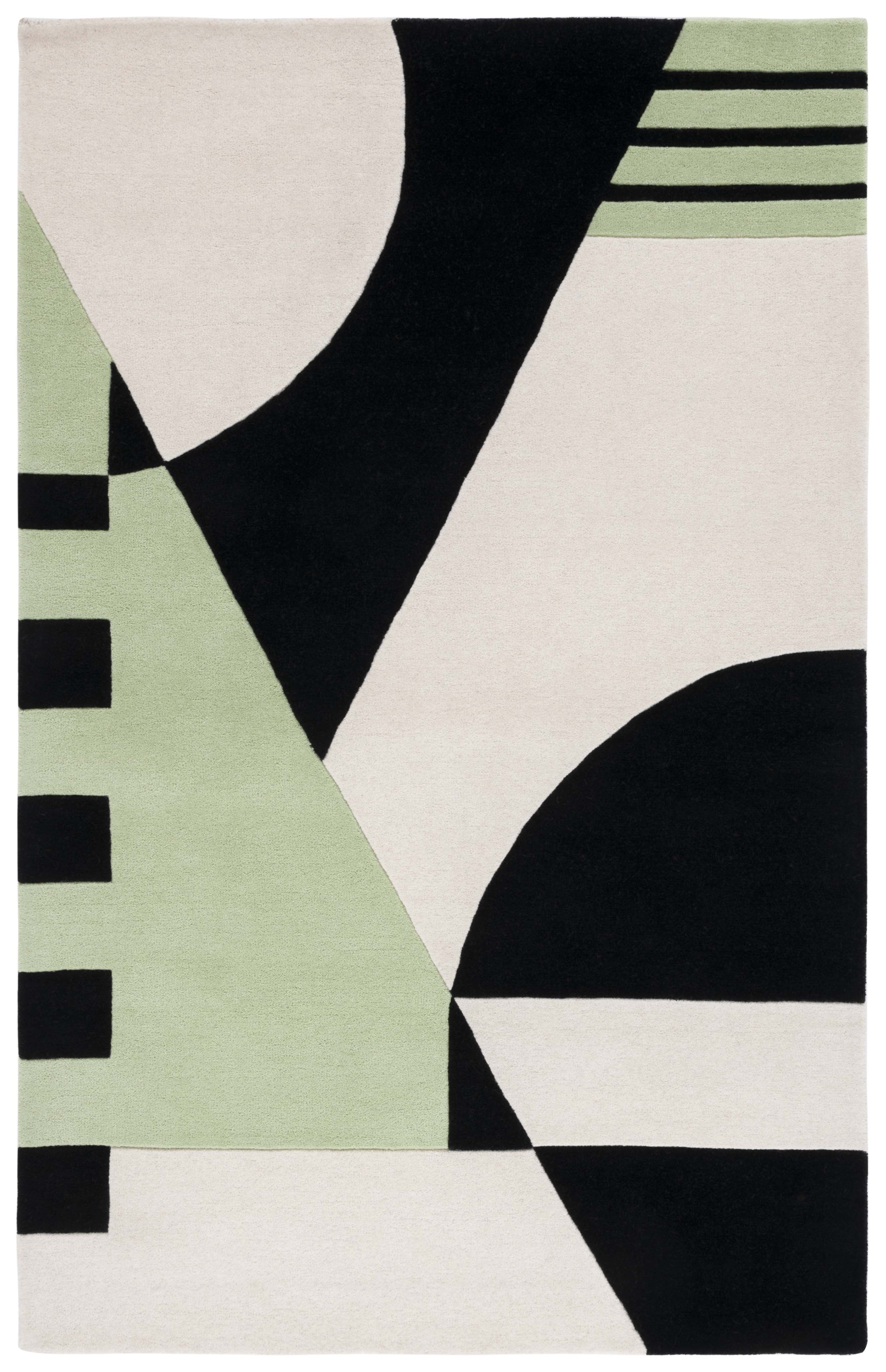 Art Deco Inspired Black and Green Hand-Tufted Wool Area Rug 6' x 9'