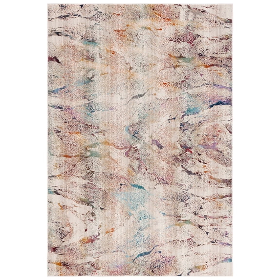 SAFAVIEH Rainbow Valentina Abstract Indoor/Outdoor Area Rug, Ivory/Blue Gold, 6'7" x 6'7" Square