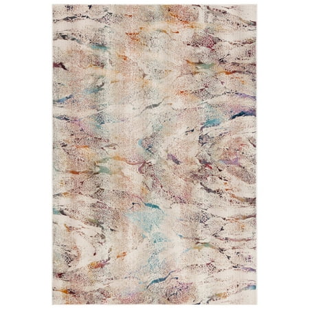 SAFAVIEH Rainbow Valentina Abstract Indoor/Outdoor Area Rug, Ivory/Blue Gold, 6'7" x 6'7" Square