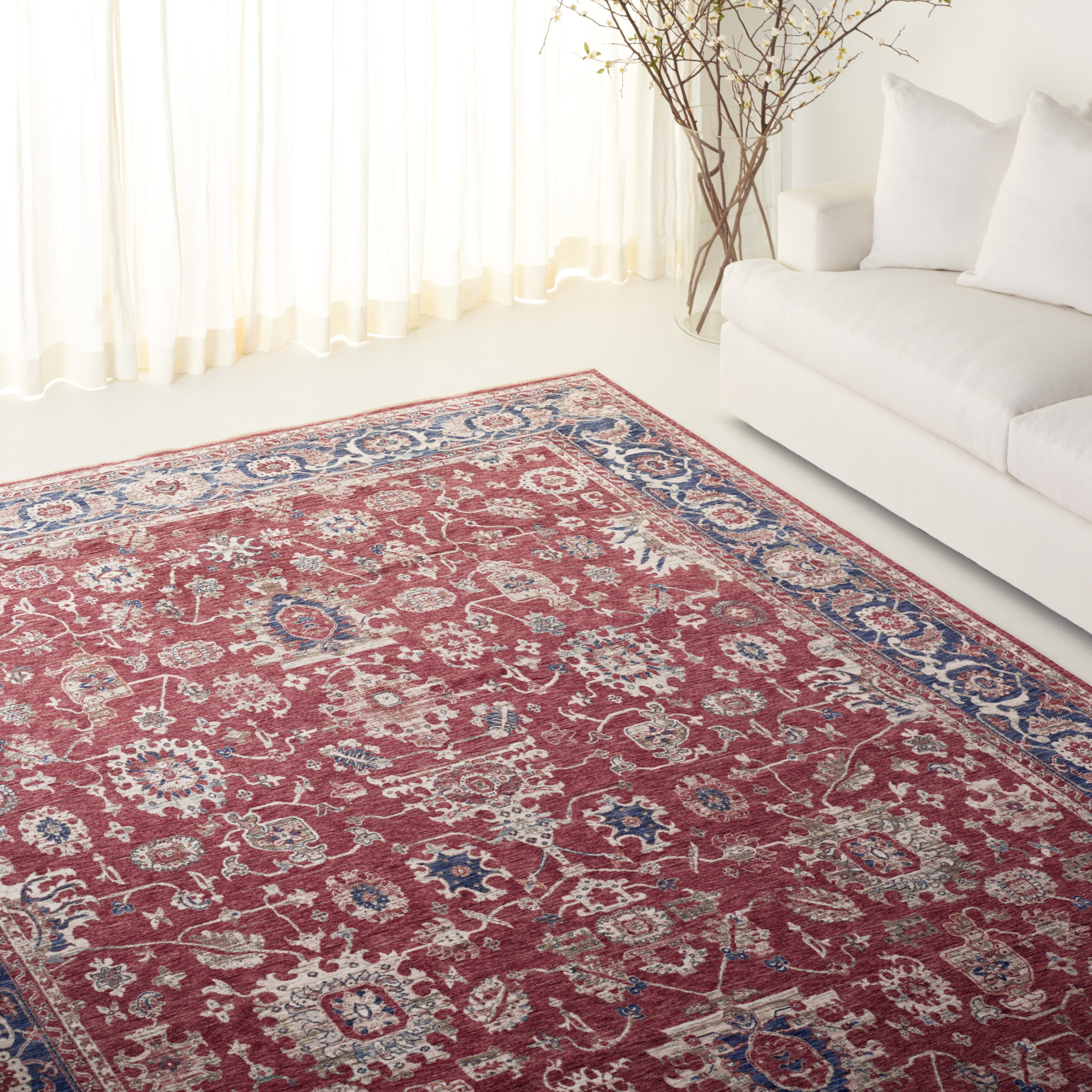 Bennet Oriental Red and Dark Blue Round Synthetic Area Rug